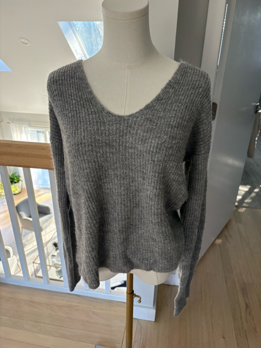 free press Gray V-Neck Ribbed Knit Sweater